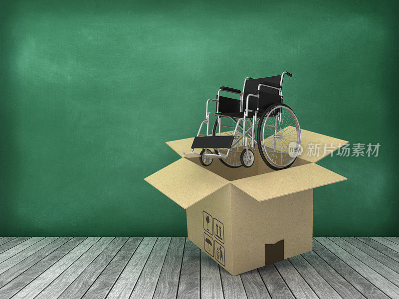 木箱与轮椅在木地板上-黑板背景- 3D渲染